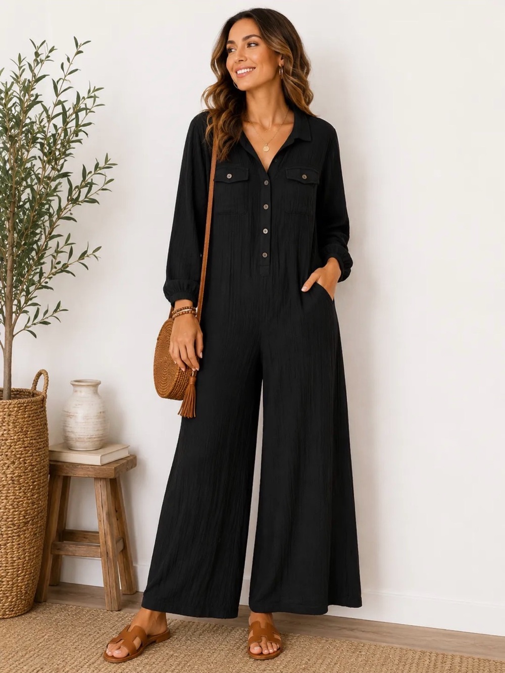 Umgee Black Button-Front Wide-Leg Jumpsuit
